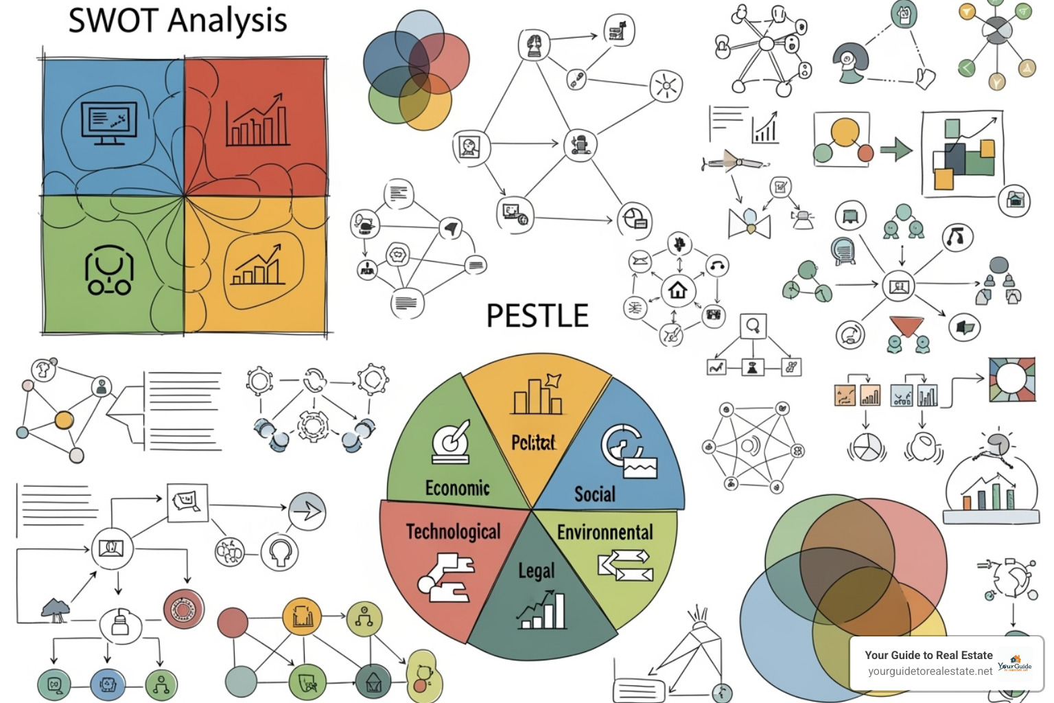 collage of different analysis framework diagrams (SWOT, PESTLE) - market gap analysis