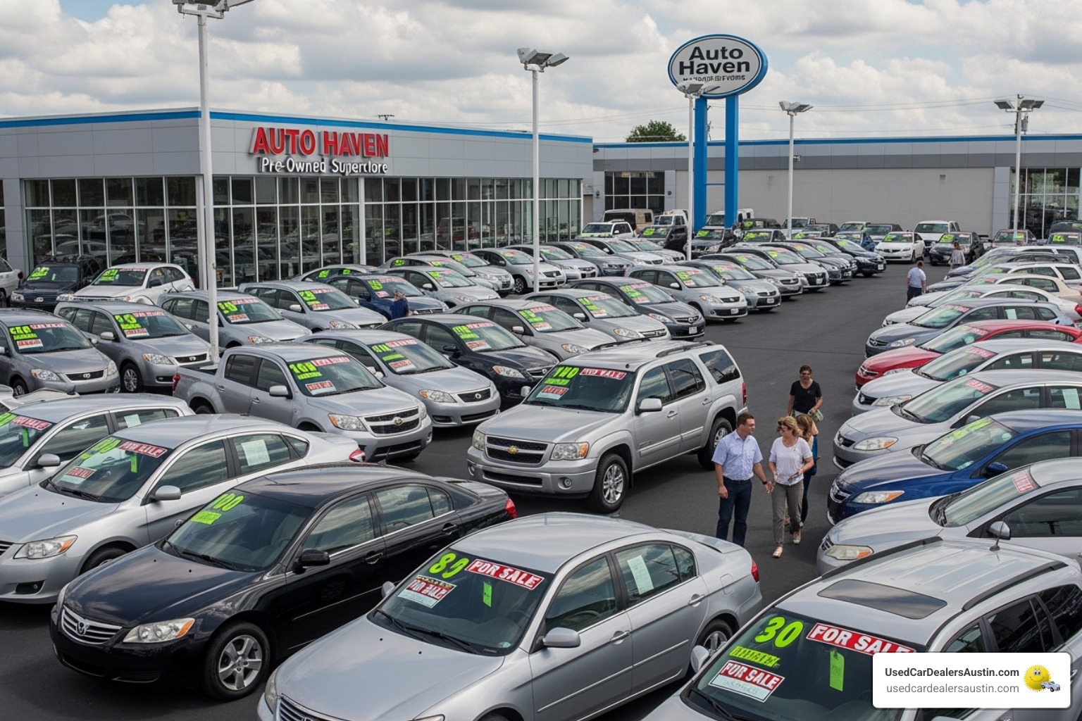diverse selection of used cars, trucks, and SUVs on a dealership lot - austin car dealerships that do inhouse financing