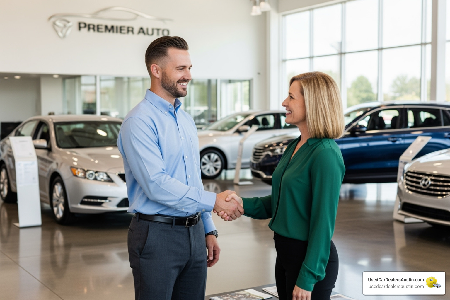 friendly car dealership employee shaking a customer's hand - austin car dealerships that do inhouse financing