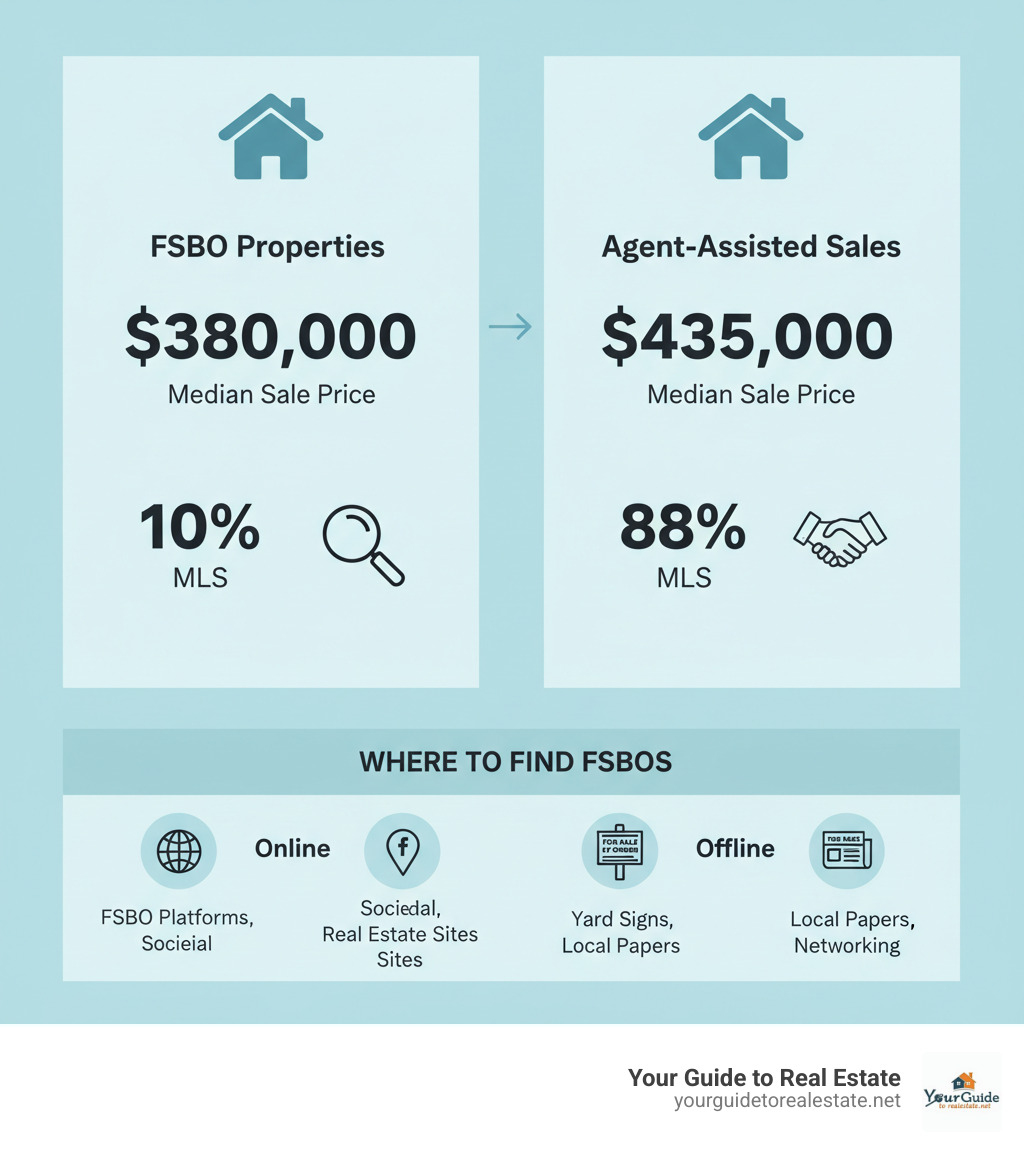 infographic showing the comparison between FSBO properties and agent-assisted sales, including median sale prices of $380,000 vs $435,000, percentage of sellers using MLS at 10% vs 88%, and a breakdown of where to find FSBOs both online and offline with icons for each method - how to find fsbos infographic 