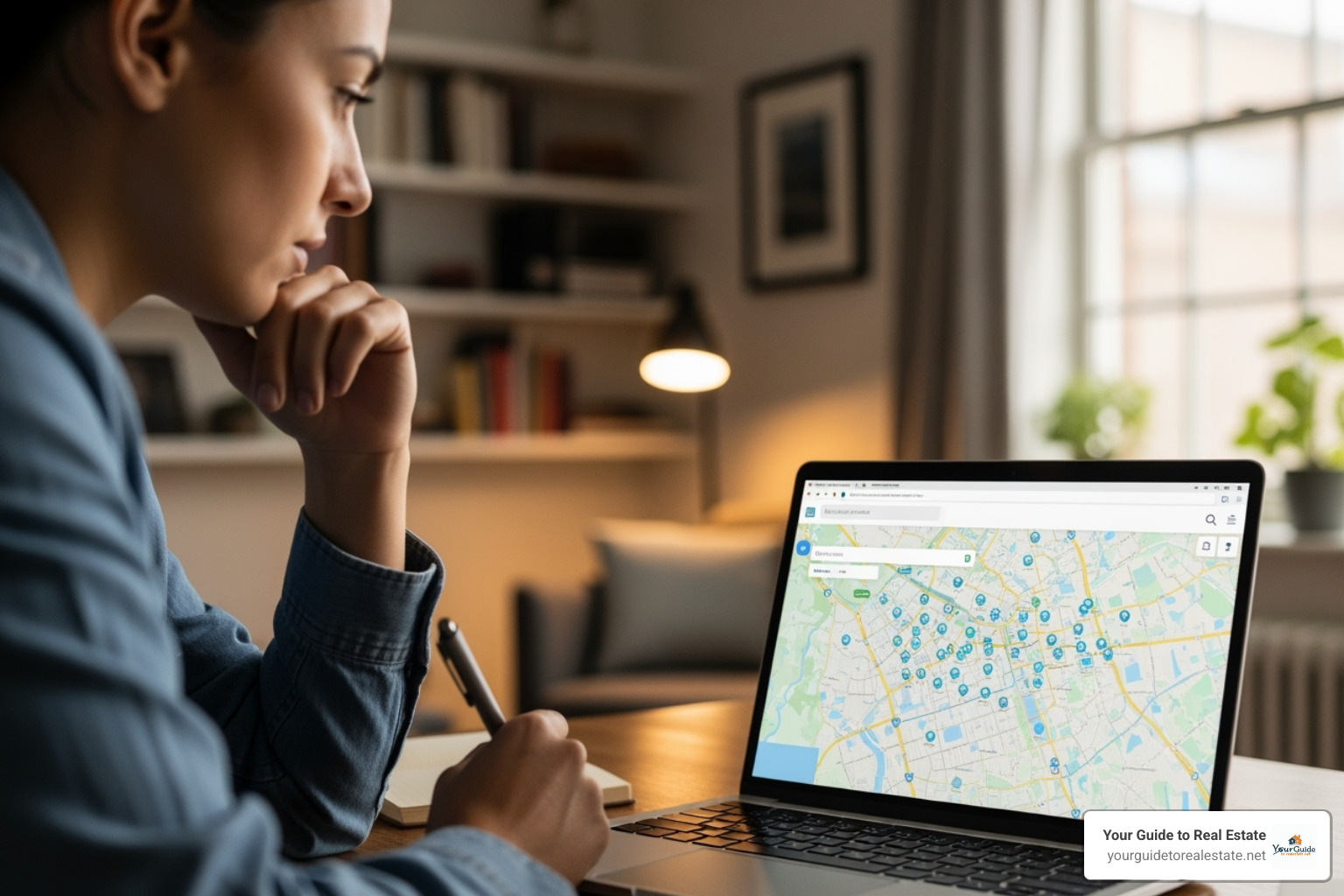 person on a laptop searching for homes with a map in the background - how to find fsbos