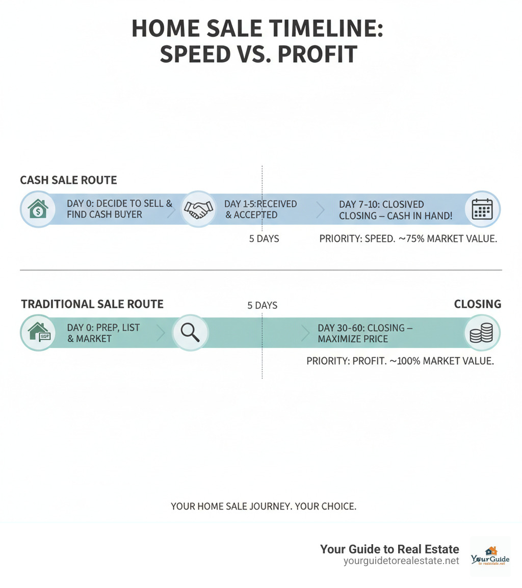 infographic showing timeline comparison between cash sale closing in 7-10 days and traditional sale with 5-day offer but 30-60 day closing period, including key milestones for each path - how to sell your house in 5 days infographic 