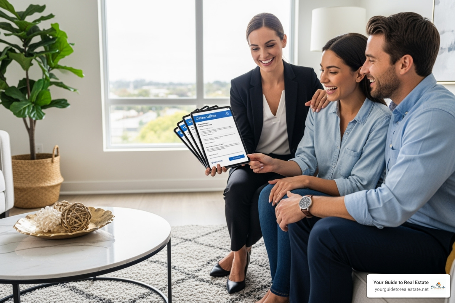 real estate agent presenting multiple offers to a happy couple - how to sell your house in 5 days