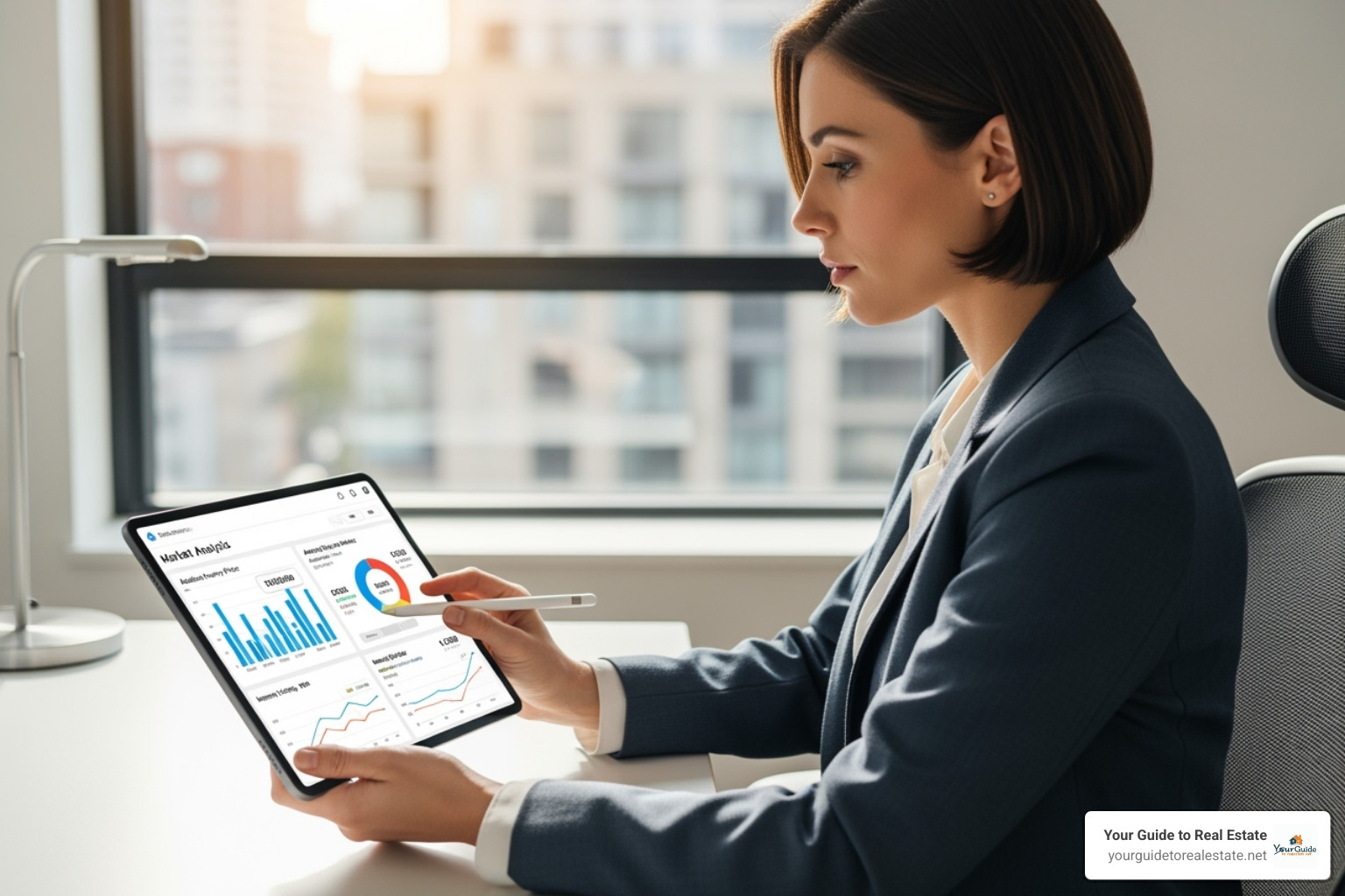 Real estate agent using tablet with a digital market analysis dashboard - estate agency news