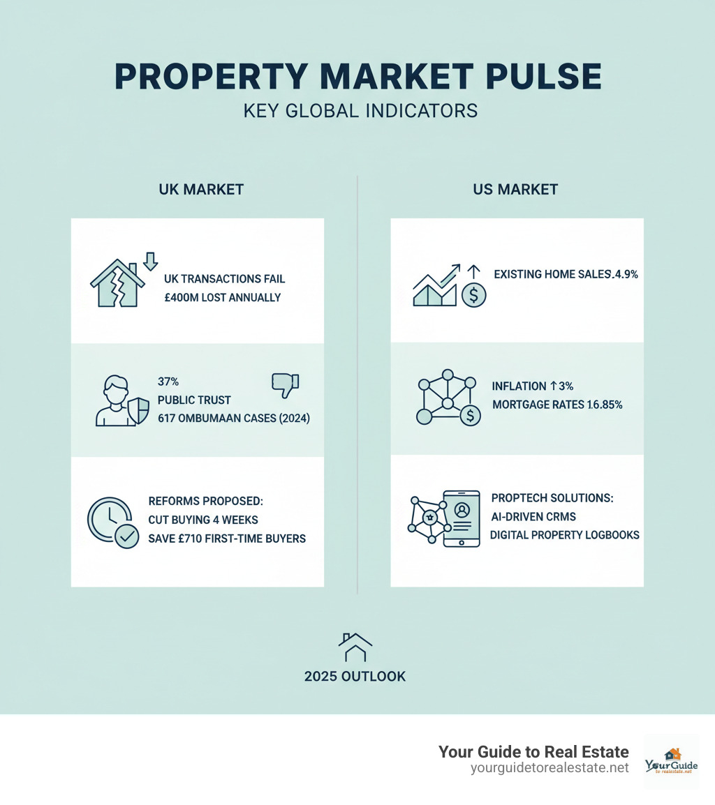 Infographic showing key estate agency news indicators: one-third of UK property transactions fail costing £400m annually, only 37% public trust in agents, 617 Property Ombudsman cases in 2024 for inadequate disclosure, proposed reforms to cut buying process by 4 weeks and save first-time buyers £710, US existing-home sales down 4.9% with inflation at 3% pushing mortgage rates to 6.85%, and emerging proptech solutions including AI-driven CRMs and digital property logbooks - estate agency news infographic 