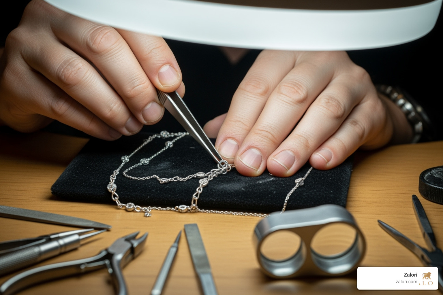 a jeweler's hands carefully repairing a necklace - Dallas fine jewelers a jeweler's hands carefully repairing a necklace - Dallas fine jewelers