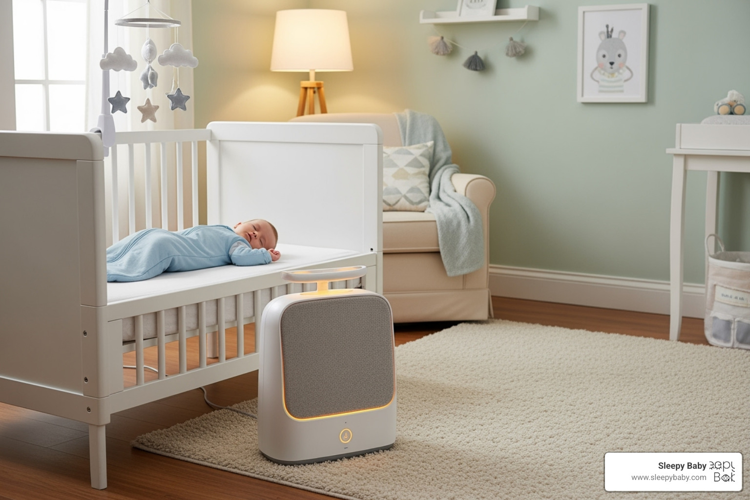 A modern, safe baby sleep aid with a gentle rhythmic patting feature in a beautifully decorated nursery. - does gripe water make babies sleepy