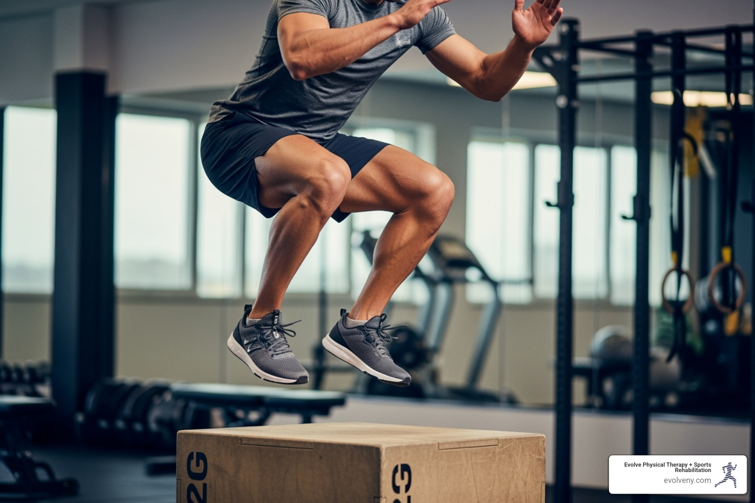 athlete performing a plyometric box jump - sports performance personal training athlete performing a plyometric box jump - sports performance personal training