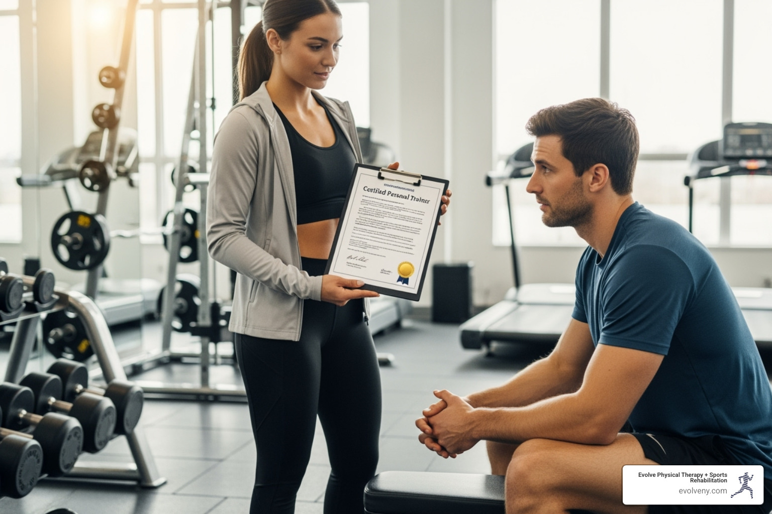 trainer showing client certification on clipboard - sports performance personal training trainer showing client certification on clipboard - sports performance personal training