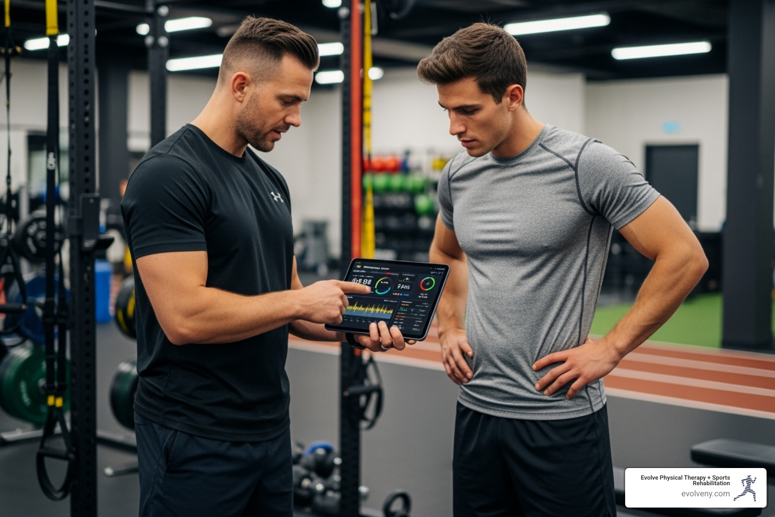 trainer using tablet to show athlete performance data - sports performance personal training trainer using tablet to show athlete performance data - sports performance personal training