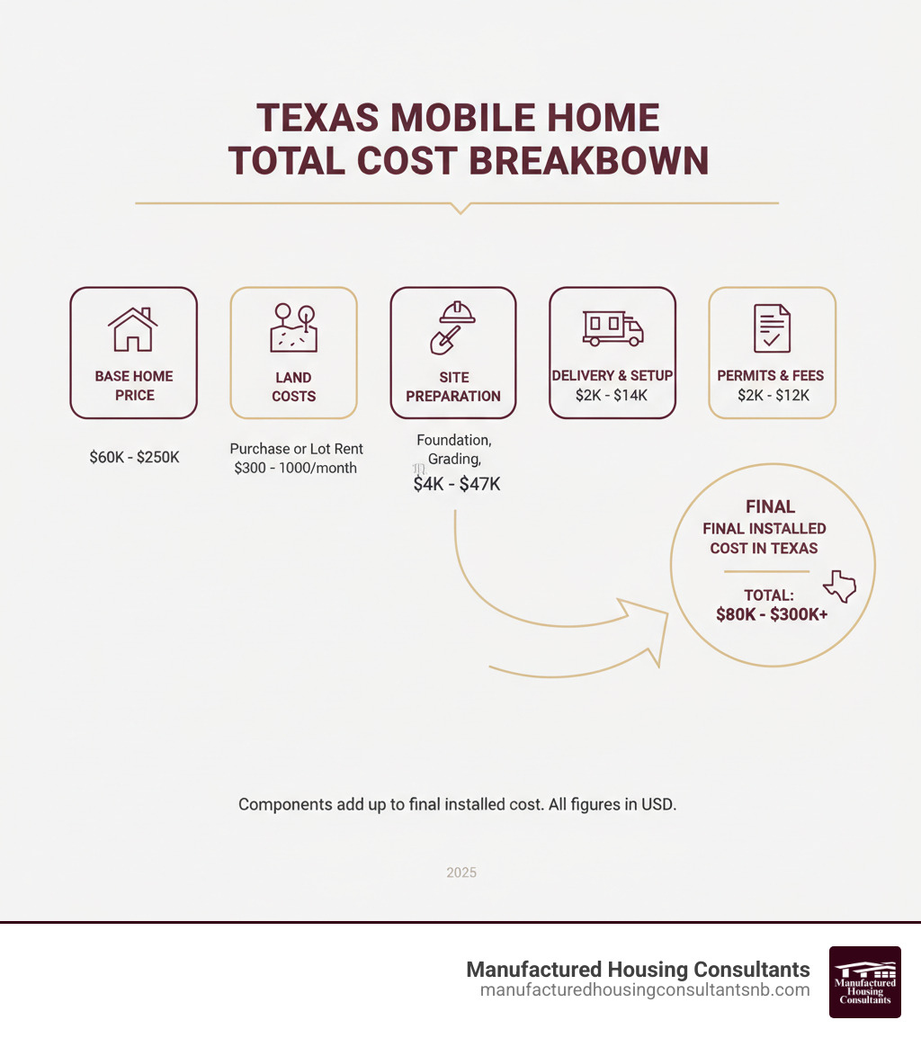 Infographic showing mobile home total cost breakdown with five main categories: Base Home Price ($60k-$250k), Land Costs (purchase or lot rent $300-$1000/month), Site Preparation ($4k-$47k for foundation, grading, clearing), Delivery and Setup ($2k-$14k), and Permits and Fees ($2k-$12k). Shows how these components add up to final installed cost in Texas. - mobile home price list infographic Infographic showing mobile home total cost breakdown with five main categories: Base Home Price ($60k-$250k), Land Costs (purchase or lot rent $300-$1000/month), Site Preparation ($4k-$47k for foundation, grading, clearing), Delivery and Setup ($2k-$14k), and Permits and Fees ($2k-$12k). Shows how these components add up to final installed cost in Texas. - mobile home price list infographic