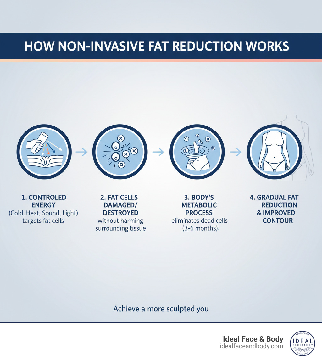 Infographic showing how non-invasive fat reduction works: Treatment applies controlled energy (cold, heat, sound, or light) to target fat cells beneath the skin → Fat cells are damaged or destroyed without harming surrounding tissue → Body's natural metabolic processes eliminate dead fat cells over 3-6 months → Gradual reduction in fat layer thickness and improved body contour in treated area - Non-invasive fat reduction infographic 