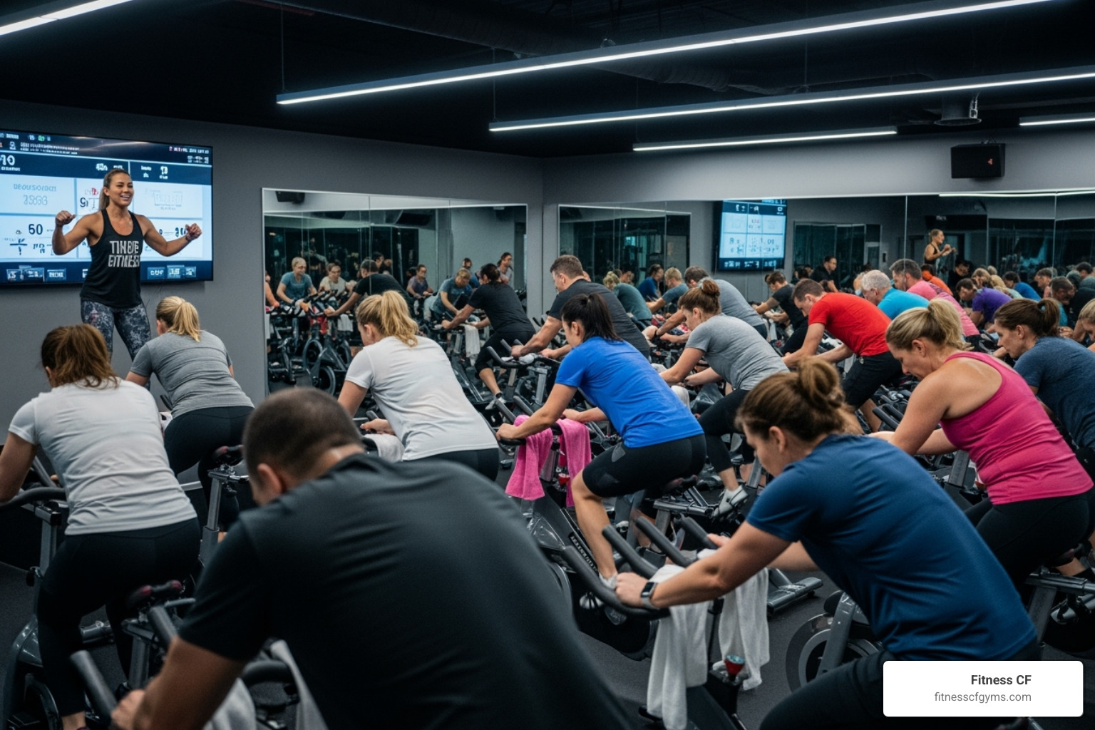 of a high-energy spin class with an enthusiastic instructor - Free trial gym pass