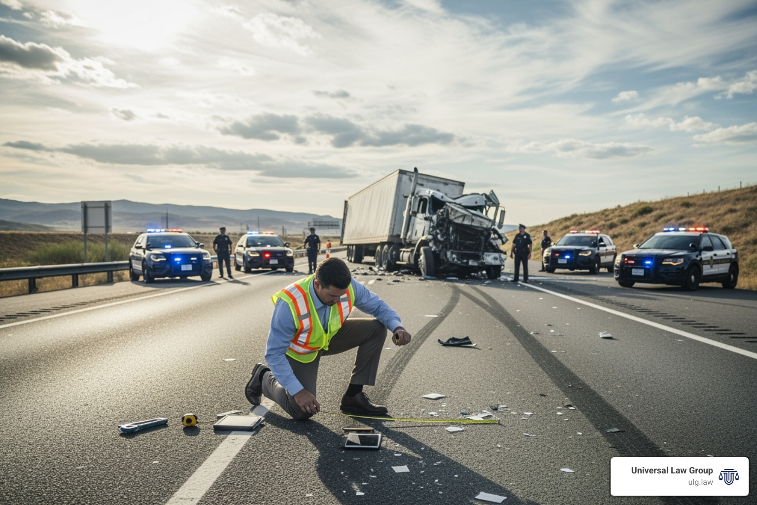 An accident reconstruction expert examines debris and tire marks at a truck accident scene on a highway, with police vehicles and a damaged semi-truck in the background. - houston semi truck wreck lawyer An accident reconstruction expert examines debris and tire marks at a truck accident scene on a highway, with police vehicles and a damaged semi-truck in the background. - houston semi truck wreck lawyer