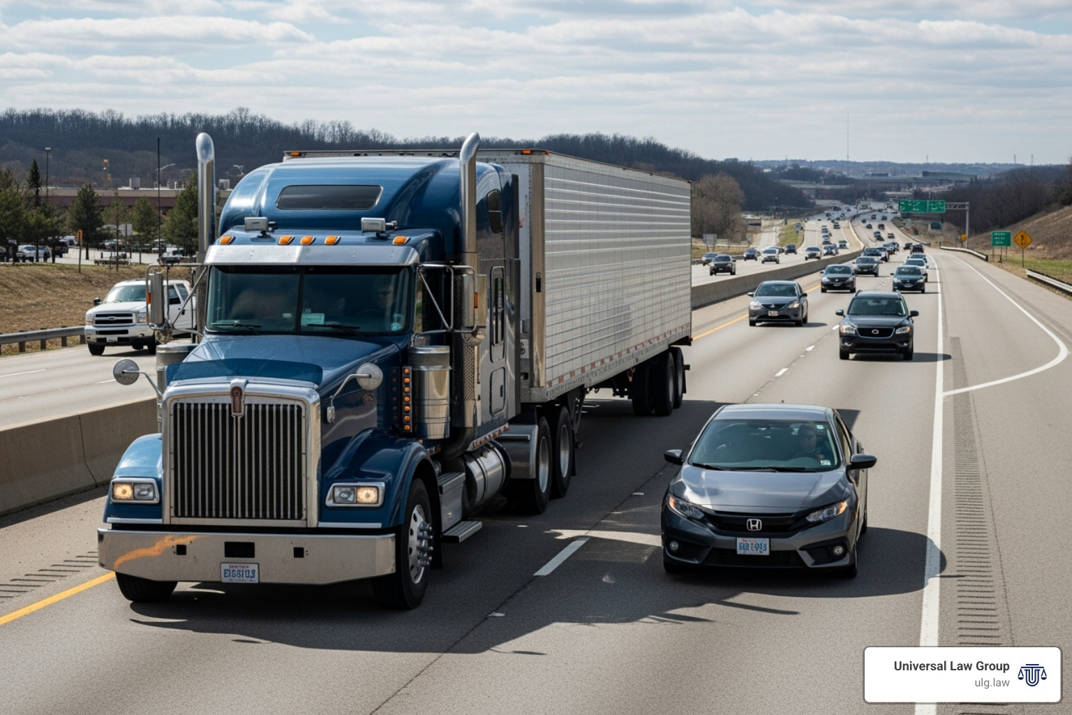 A large semi-truck dwarfs a passenger car on a multi-lane highway, emphasizing the massive size difference and potential for catastrophic damage in a collision. - houston semi truck wreck lawyer A large semi-truck dwarfs a passenger car on a multi-lane highway, emphasizing the massive size difference and potential for catastrophic damage in a collision. - houston semi truck wreck lawyer