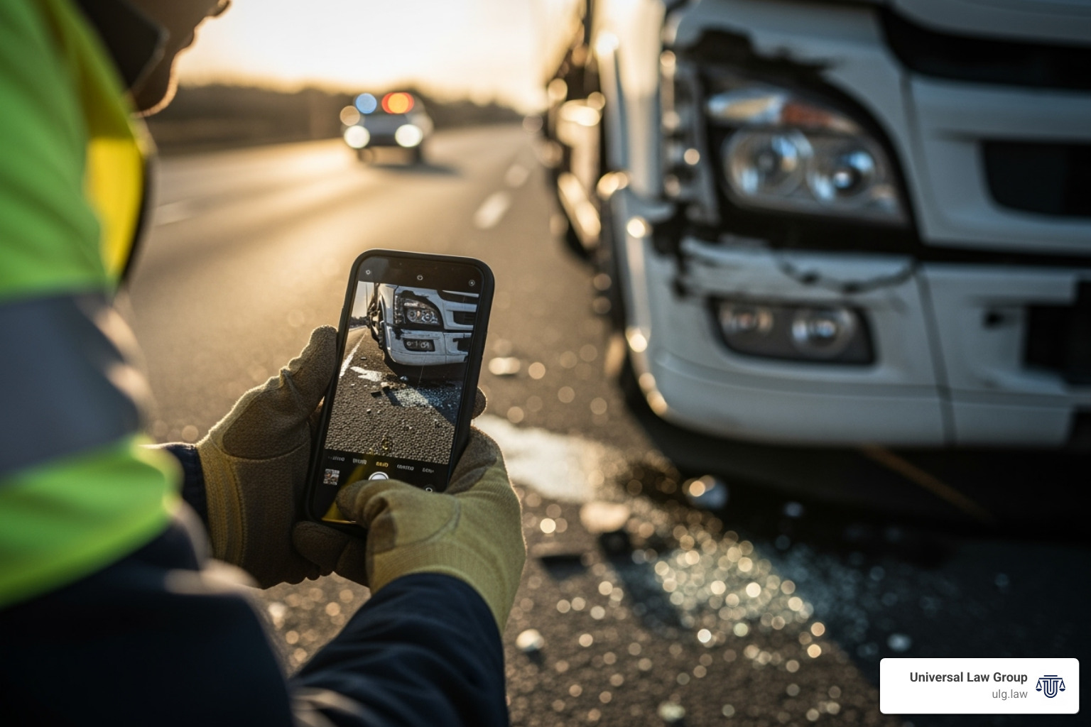 A person uses a smartphone to take clear, detailed photos of vehicle damage and road conditions at a truck accident scene, capturing vital evidence. - houston semi truck wreck lawyer A person uses a smartphone to take clear, detailed photos of vehicle damage and road conditions at a truck accident scene, capturing vital evidence. - houston semi truck wreck lawyer