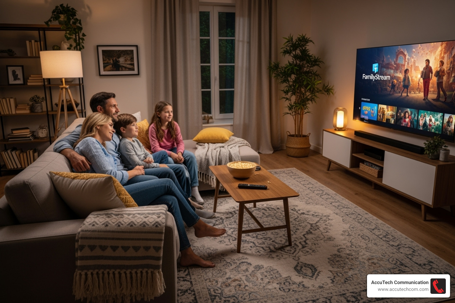 family watching a streaming service on a TV - what companies are in the communication services sector