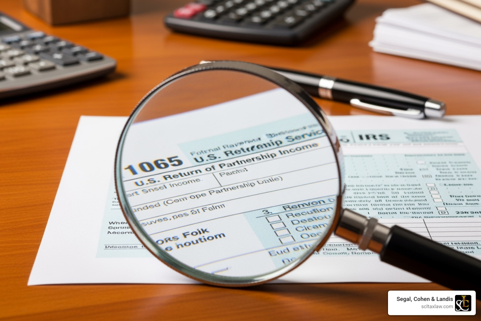 magnifying glass over a complex partnership tax form (Form 1065) - inflation reduction act irs audits