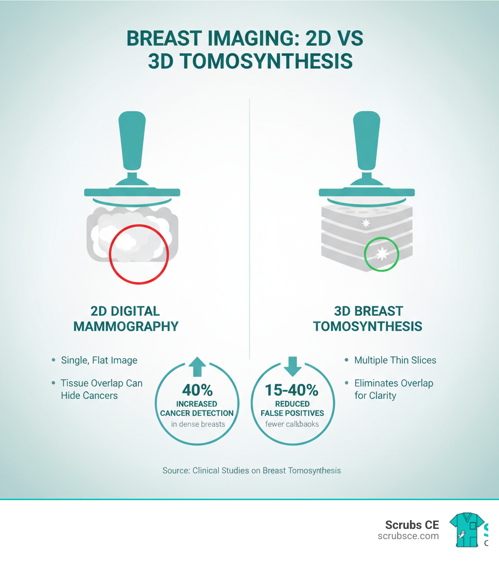 infographic showing comparison of 2D mammography versus 3D tomosynthesis, with side-by-side images demonstrating how 3D imaging creates multiple thin slices through breast tissue to eliminate tissue overlap, plus statistics showing improved cancer detection rates and reduced false positives - advanced breast imaging infographic  infographic showing comparison of 2D mammography versus 3D tomosynthesis, with side-by-side images demonstrating how 3D imaging creates multiple thin slices through breast tissue to eliminate tissue overlap, plus statistics showing improved cancer detection rates and reduced false positives - advanced breast imaging infographic