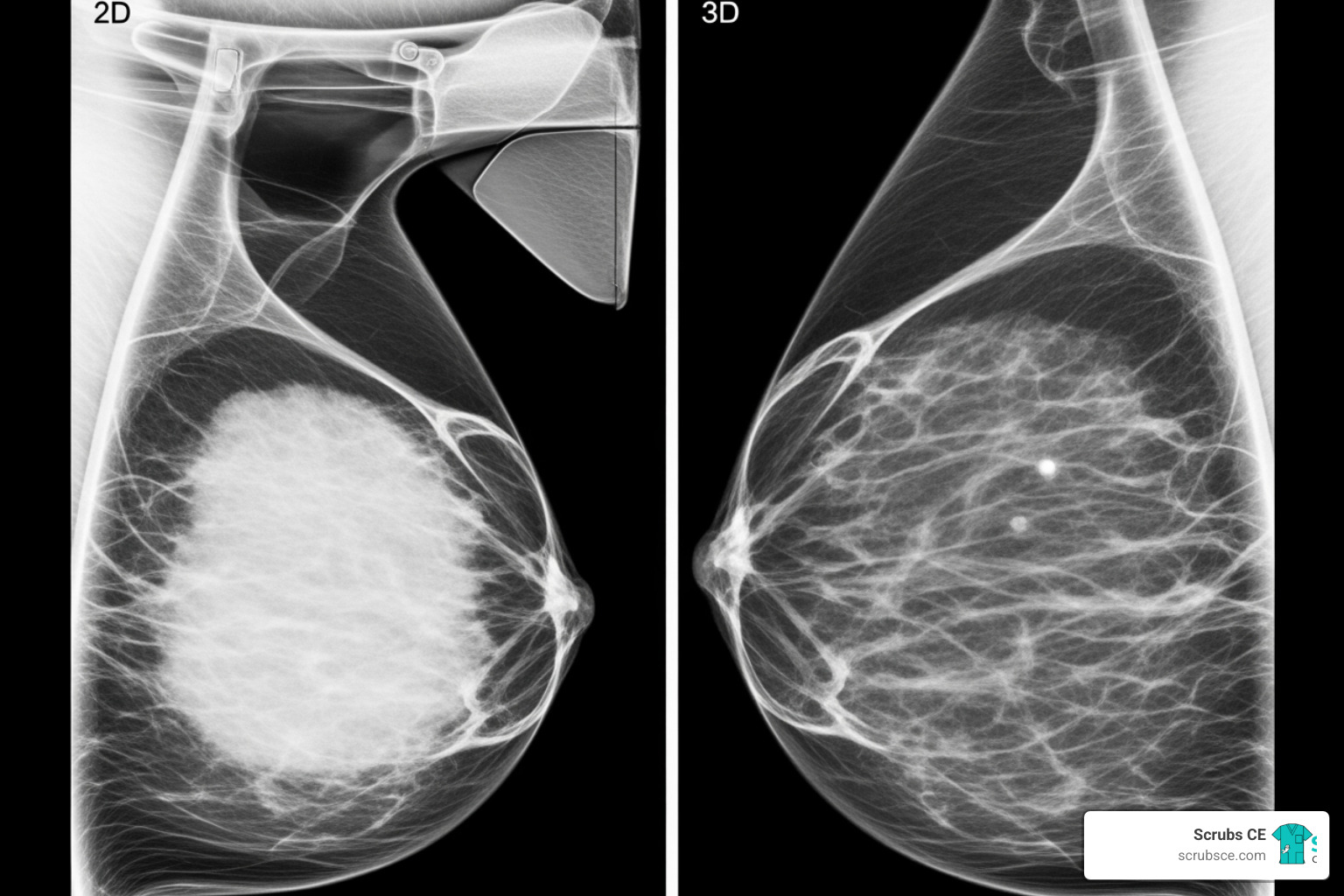 2D mammogram vs 3D tomosynthesis image of dense breasts highlighting improved cancer detection - advanced breast imaging 2D mammogram vs 3D tomosynthesis image of dense breasts highlighting improved cancer detection - advanced breast imaging