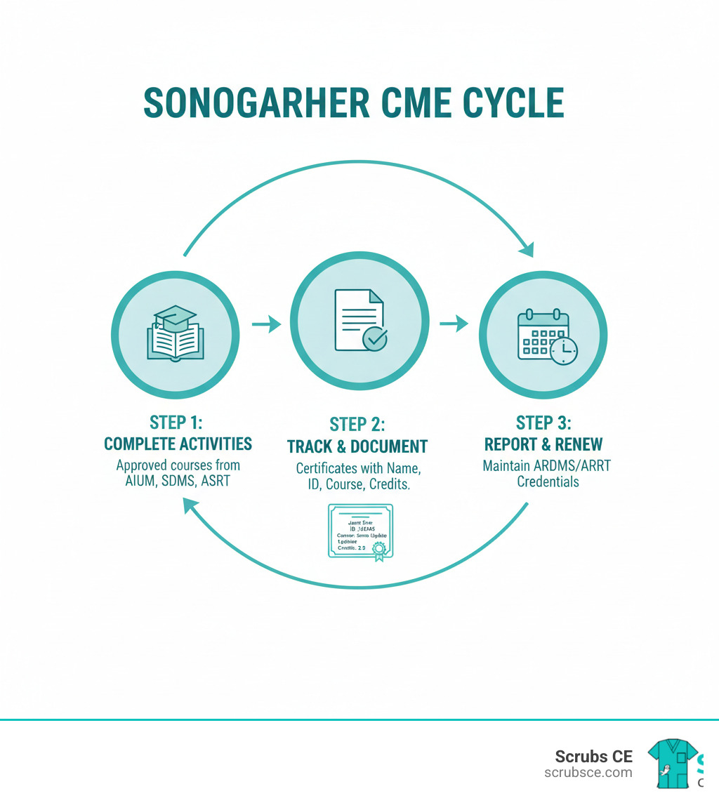 Infographic showing the CME cycle for sonographers: Step 1 - Complete approved CME activities from recognized providers like AIUM, SDMS, or ASRT; Step 2 - Track and document your credits with certificates showing your name, ID number, course details, and credit hours; Step 3 - Report credits during your renewal period to maintain ARDMS or ARRT credentials - CME for sonographers infographic Infographic showing the CME cycle for sonographers: Step 1 - Complete approved CME activities from recognized providers like AIUM, SDMS, or ASRT; Step 2 - Track and document your credits with certificates showing your name, ID number, course details, and credit hours; Step 3 - Report credits during your renewal period to maintain ARDMS or ARRT credentials - CME for sonographers infographic