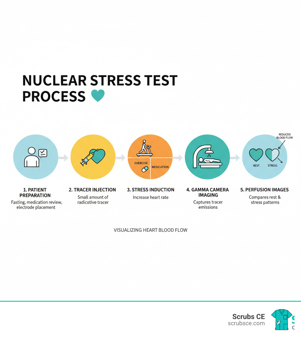 infographic showing the nuclear stress test process from patient preparation through radioactive tracer injection, stress induction via exercise or medication, gamma camera imaging, and computer-generated perfusion images comparing rest and stress blood flow patterns to the heart - Nuclear medicine myocardial perfusion infographic  infographic showing the nuclear stress test process from patient preparation through radioactive tracer injection, stress induction via exercise or medication, gamma camera imaging, and computer-generated perfusion images comparing rest and stress blood flow patterns to the heart - Nuclear medicine myocardial perfusion infographic