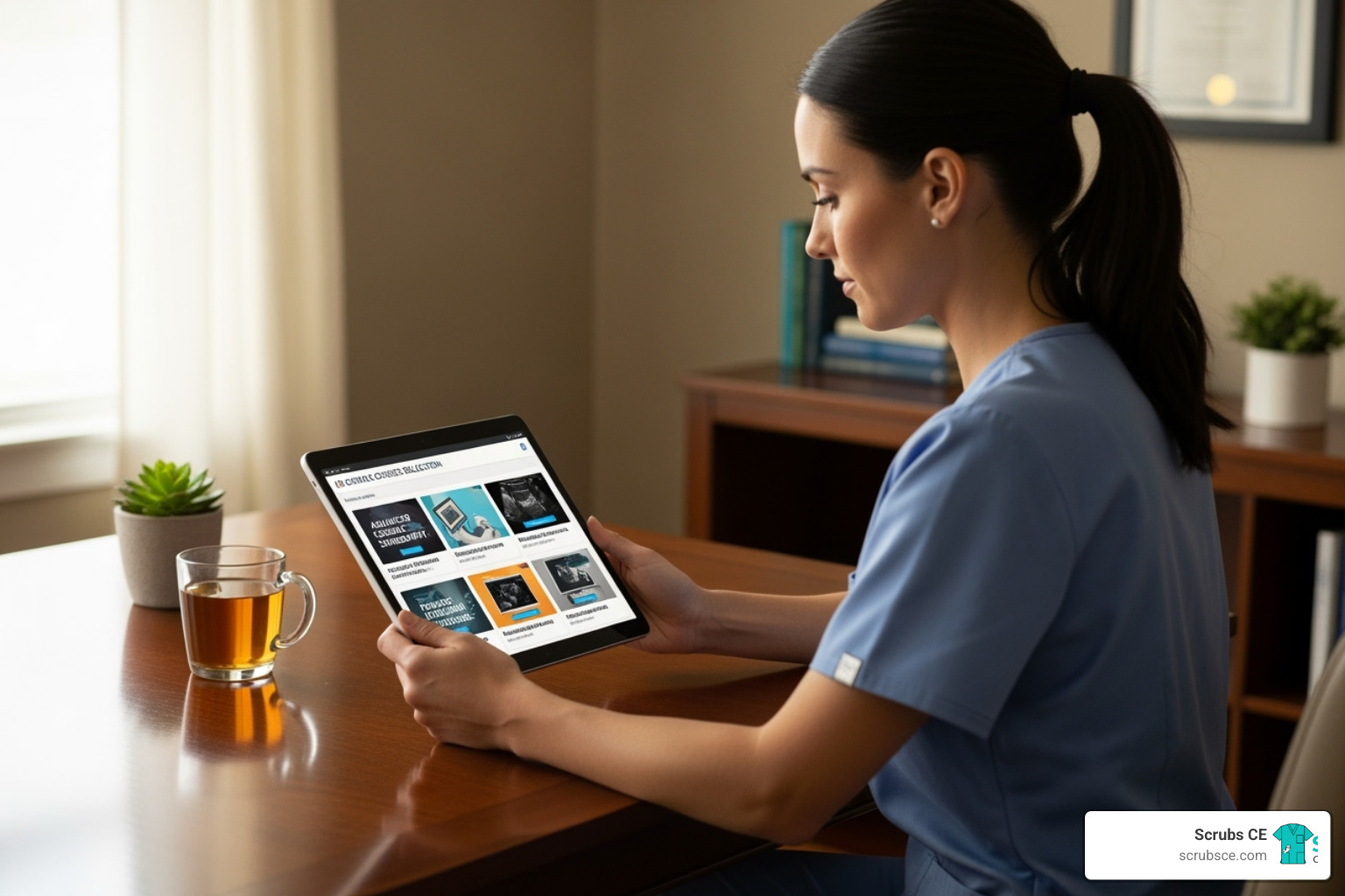 sonographer browsing courses on a tablet - CME for sonographers sonographer browsing courses on a tablet - CME for sonographers