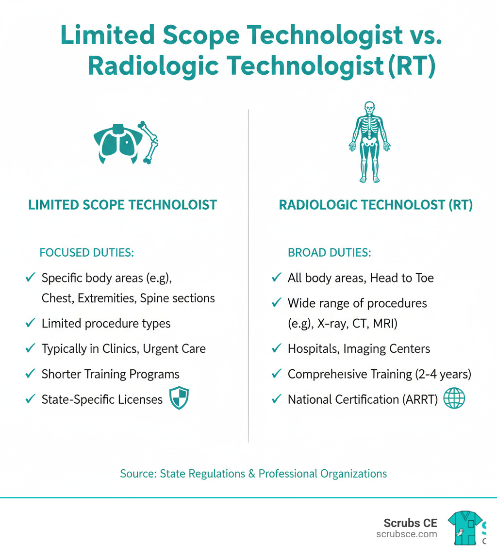 infographic comparing the duties of a Limited Scope Technologist vs. a full Radiologic Technologist (RT). - limited license radiology ce infographic infographic comparing the duties of a Limited Scope Technologist vs. a full Radiologic Technologist (RT). - limited license radiology ce infographic