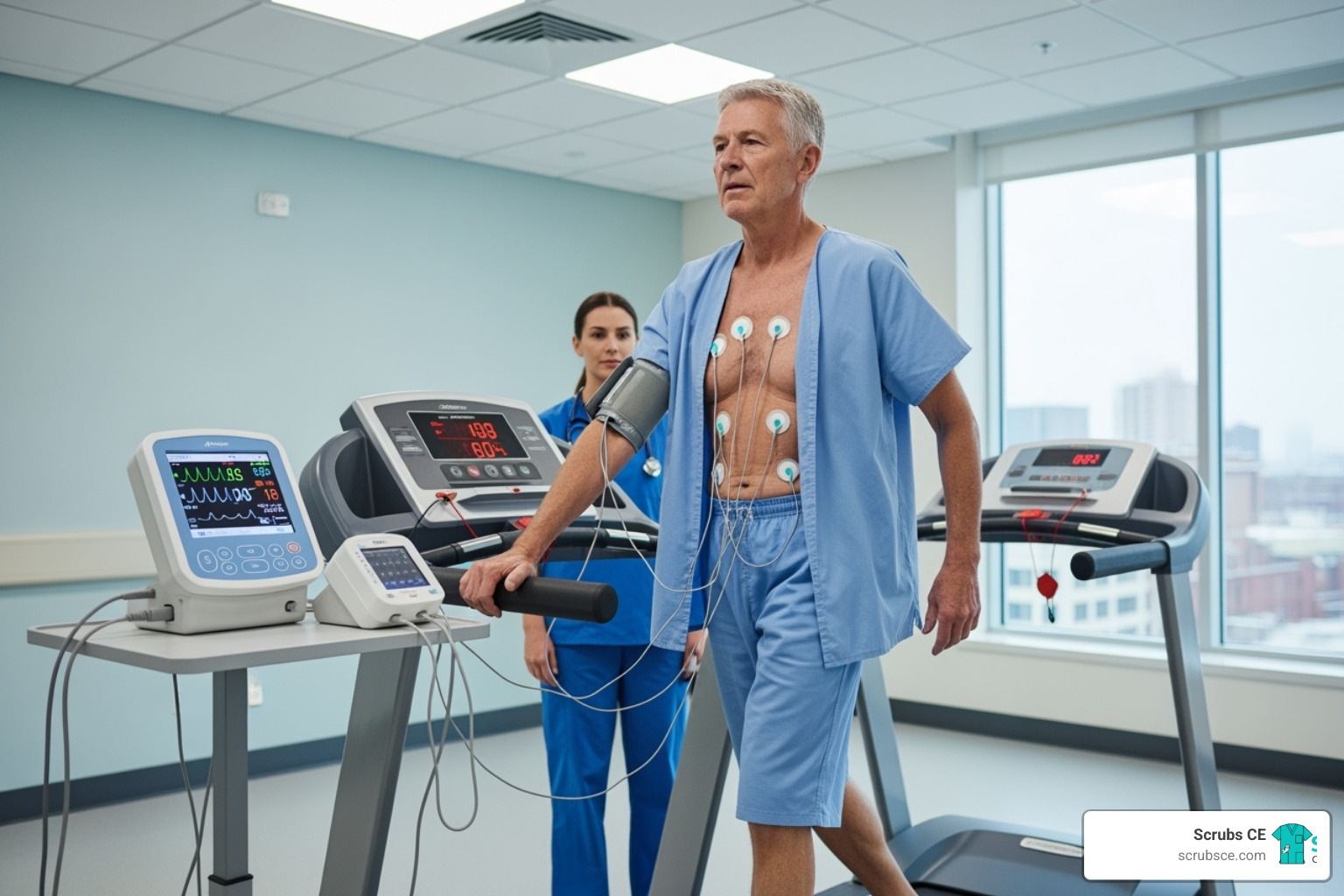 Patient undergoing a stress test on a treadmill in a clinical setting - Nuclear medicine myocardial perfusion Patient undergoing a stress test on a treadmill in a clinical setting - Nuclear medicine myocardial perfusion