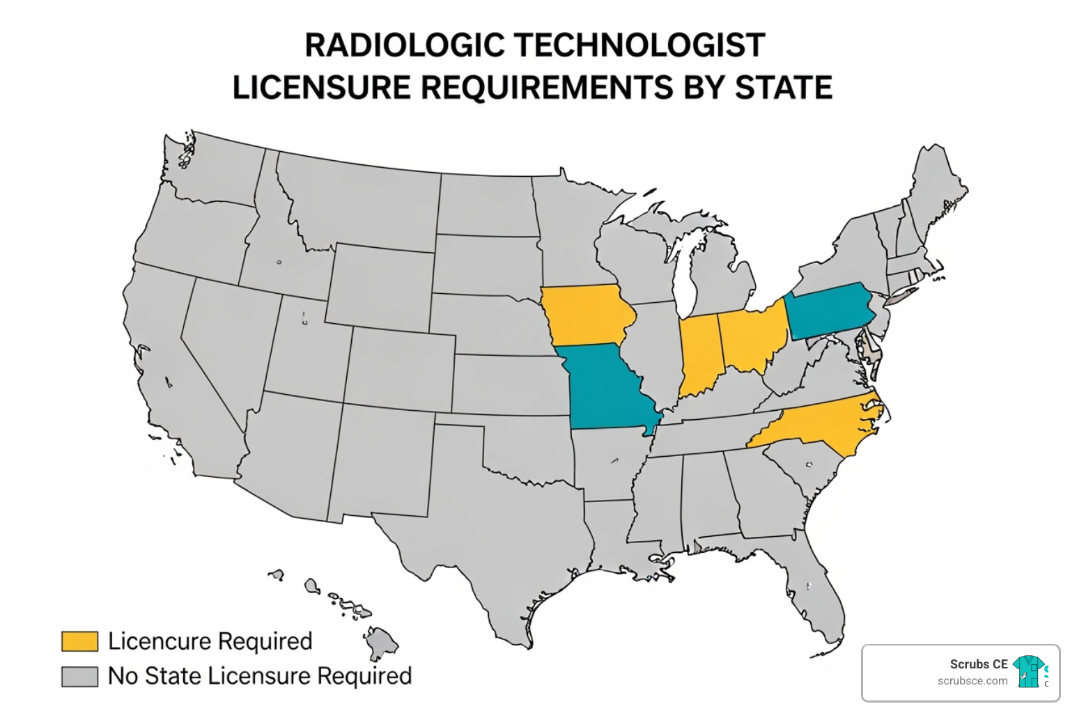 Map of the USA with states that require radiologic technologist licensure highlighted - rad tech license renewal Map of the USA with states that require radiologic technologist licensure highlighted - rad tech license renewal
