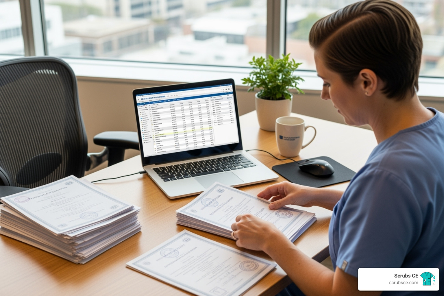 sonographer at a desk organizing certificates and a laptop - CME for sonographers sonographer at a desk organizing certificates and a laptop - CME for sonographers