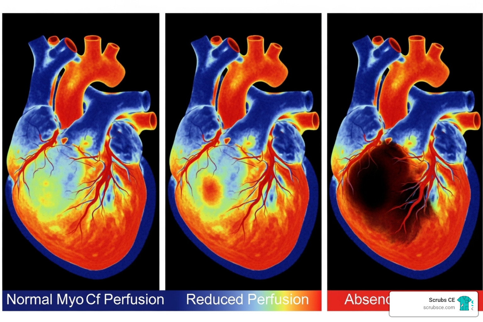 Image comparing normal, ischemic, and infarcted myocardial perfusion scan results - Nuclear medicine myocardial perfusion Image comparing normal, ischemic, and infarcted myocardial perfusion scan results - Nuclear medicine myocardial perfusion