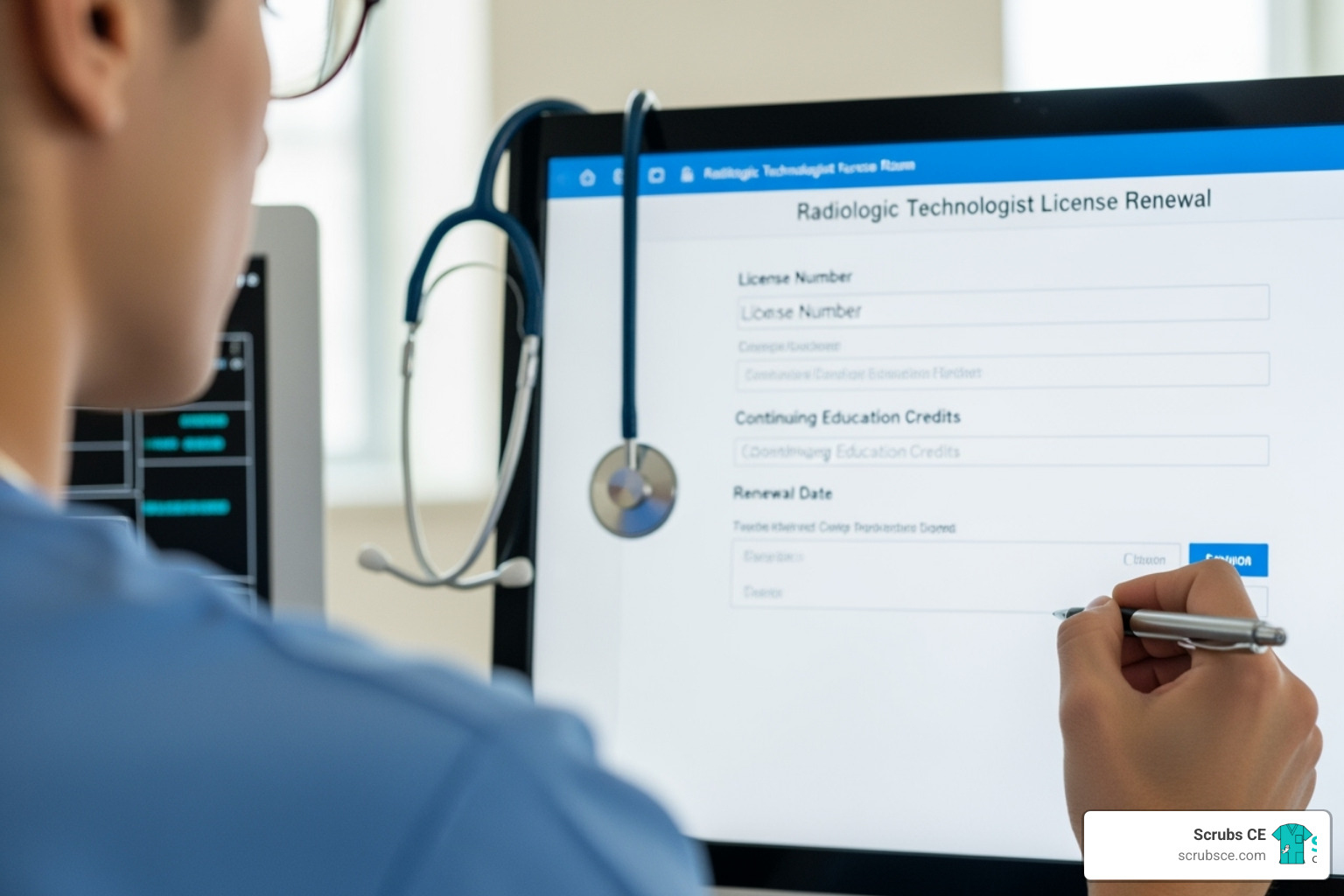 Person filling out an online form on a computer for license renewal - rad tech license renewal Person filling out an online form on a computer for license renewal - rad tech license renewal
