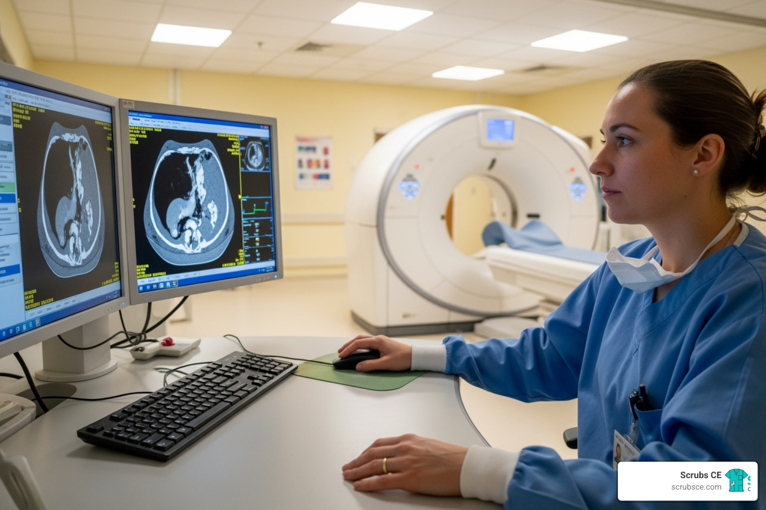 CT technologist working at scanner - computed tomography ce CT technologist working at scanner - computed tomography ce