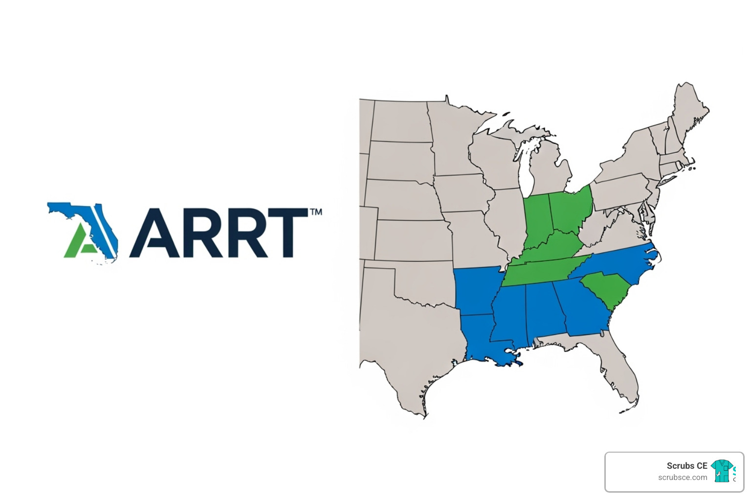 ARRT logo next to a map of the USA highlighting California, Florida, and Texas - radiography ce credits