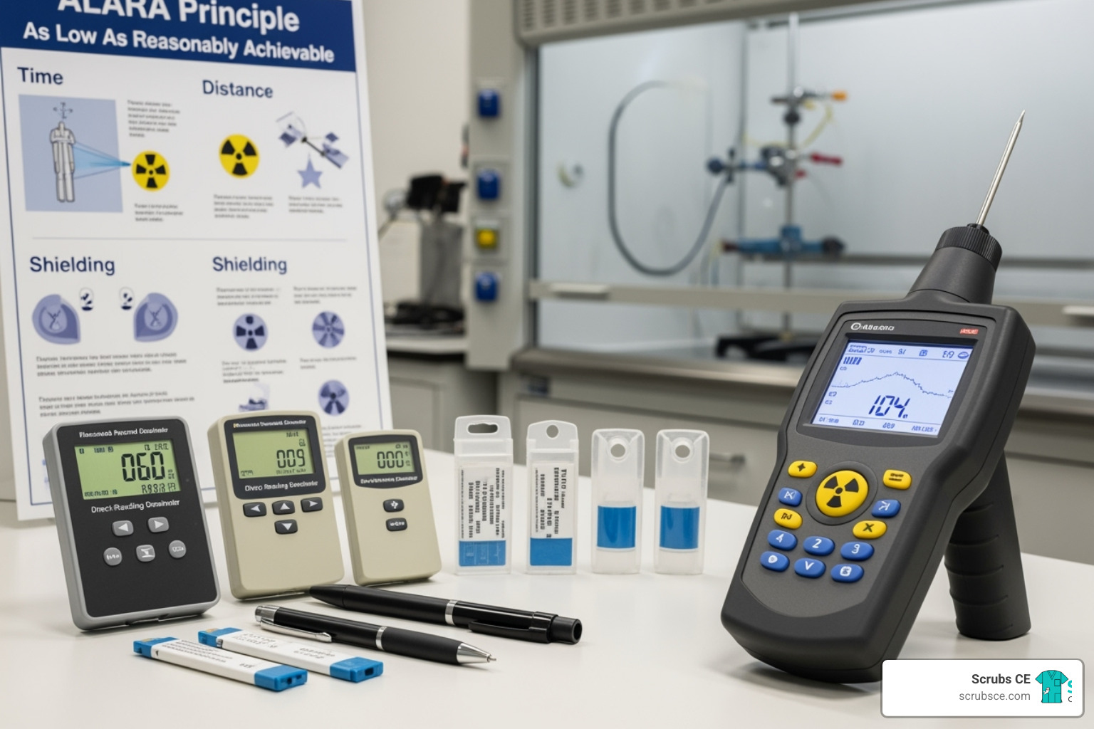 Dosimeters, survey meters, and ALARA chart - California radiation safety