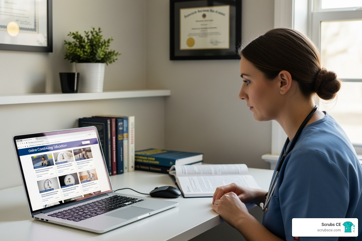 technologist using a laptop to browse online CE courses - radiography ce credits
