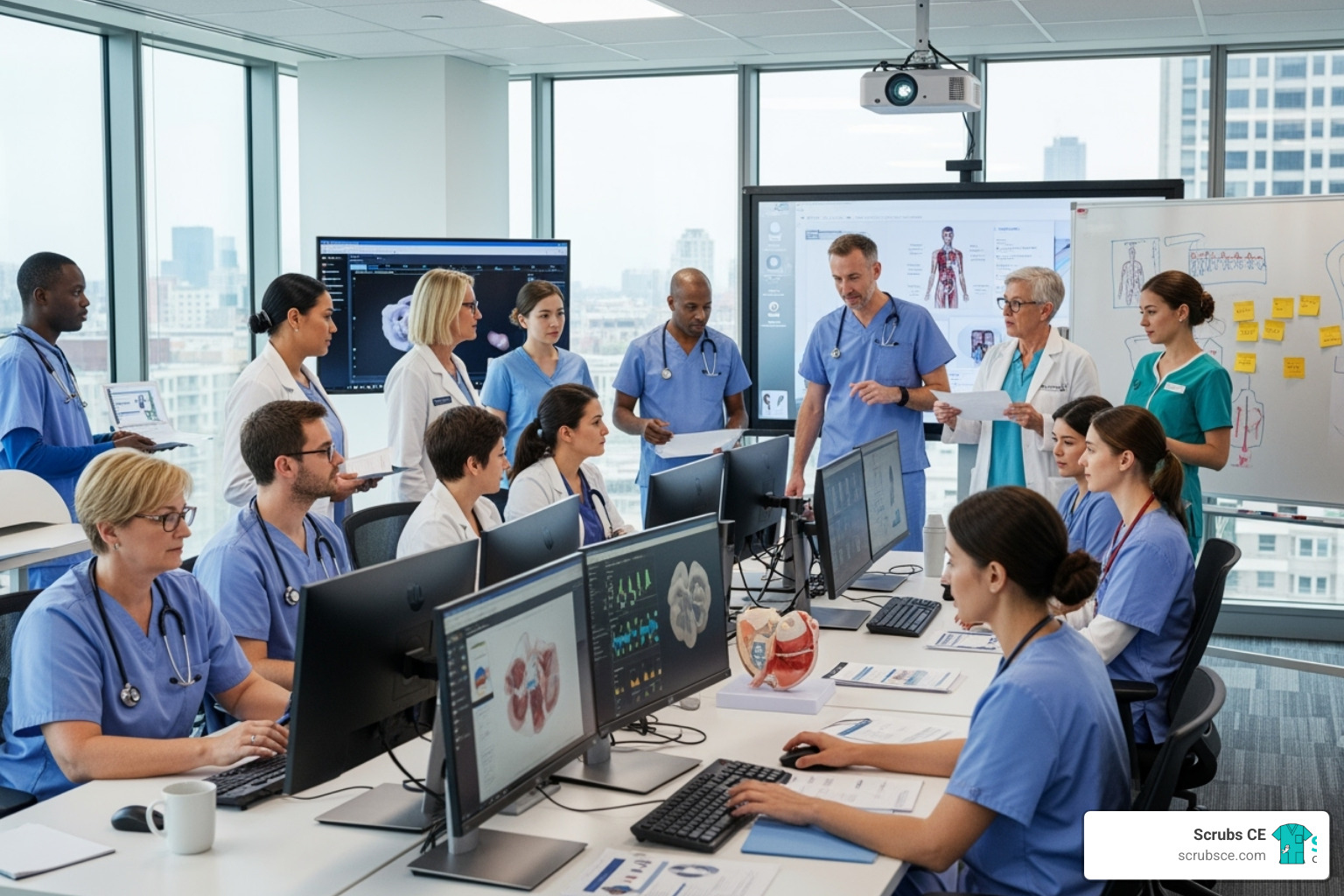Diverse healthcare professionals in a learning environment, some looking at screens, others discussing. - California CE requirements Diverse healthcare professionals in a learning environment, some looking at screens, others discussing. - California CE requirements