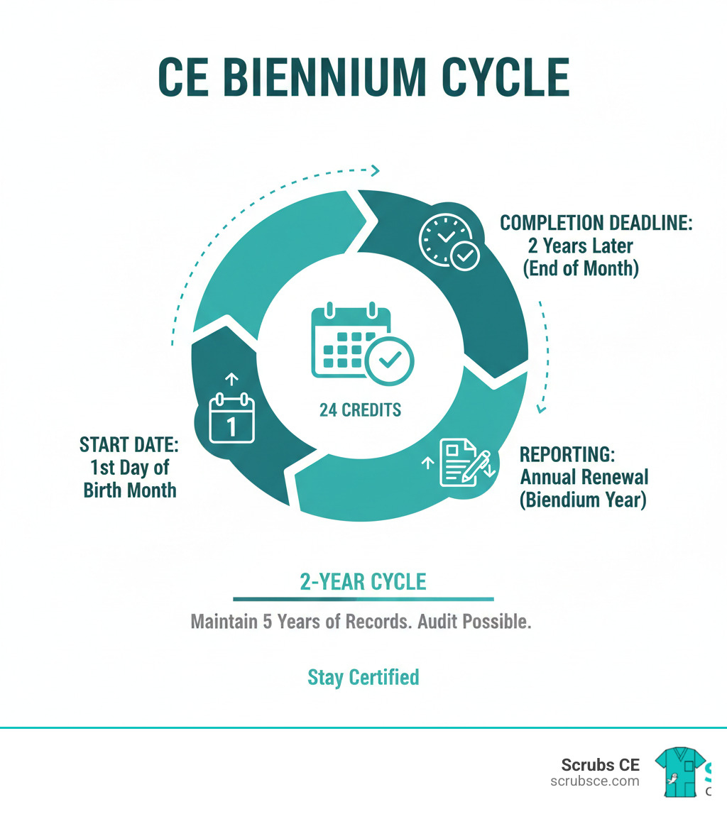 infographic showing CE biennium cycle from start date through completion deadline to reporting during annual renewal - ASRT CE requirements infographic 