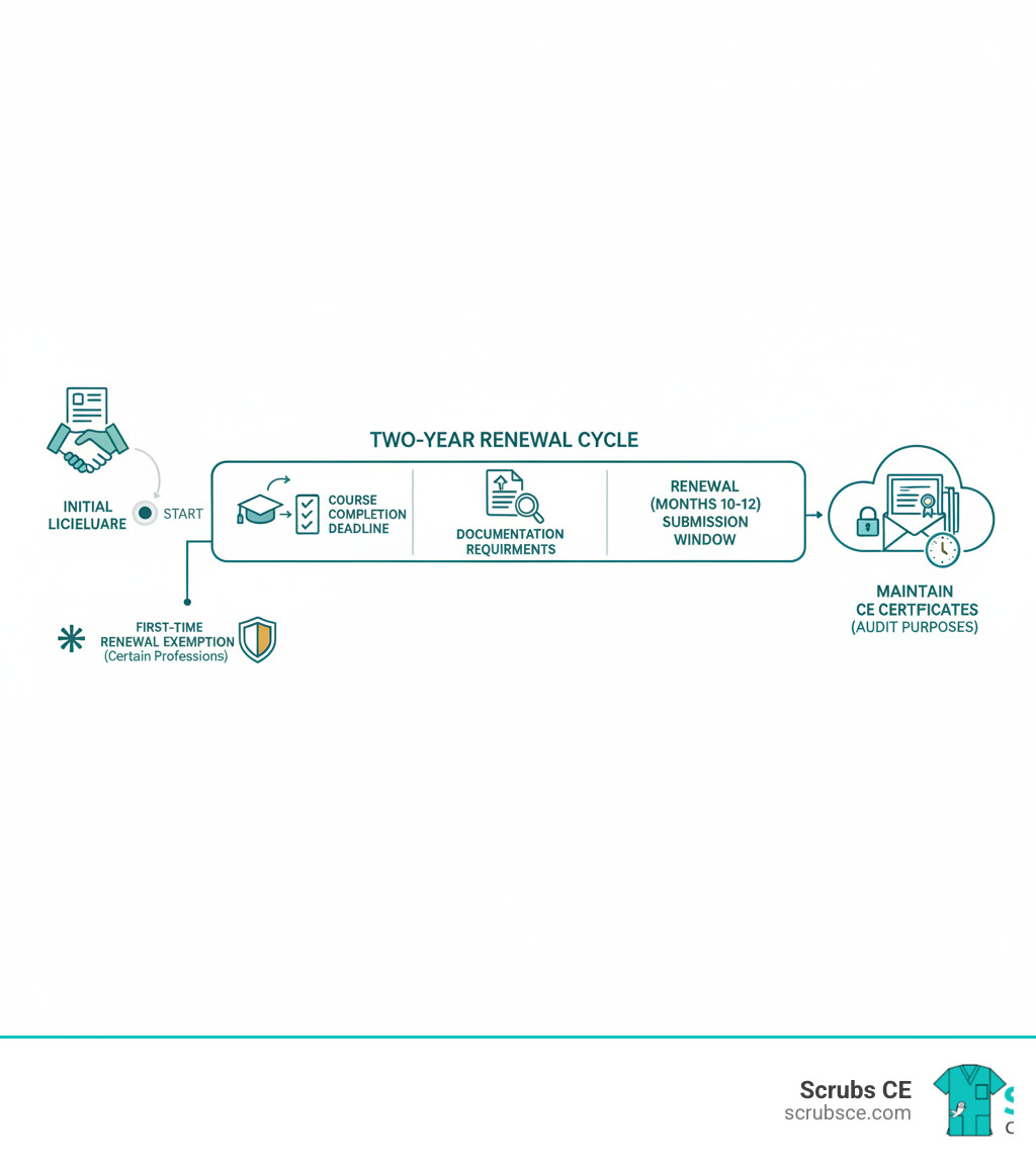 Infographic showing the typical two-year CE renewal cycle for California healthcare professionals, with key milestones including course completion deadlines, documentation requirements, and renewal submission windows. The graphic illustrates the timeline from initial licensure through first and subsequent renewals, noting exemptions for first-time renewals in certain professions and highlighting the importance of maintaining CE certificates for audit purposes. - California CE requirements infographic  Infographic showing the typical two-year CE renewal cycle for California healthcare professionals, with key milestones including course completion deadlines, documentation requirements, and renewal submission windows. The graphic illustrates the timeline from initial licensure through first and subsequent renewals, noting exemptions for first-time renewals in certain professions and highlighting the importance of maintaining CE certificates for audit purposes. - California CE requirements infographic