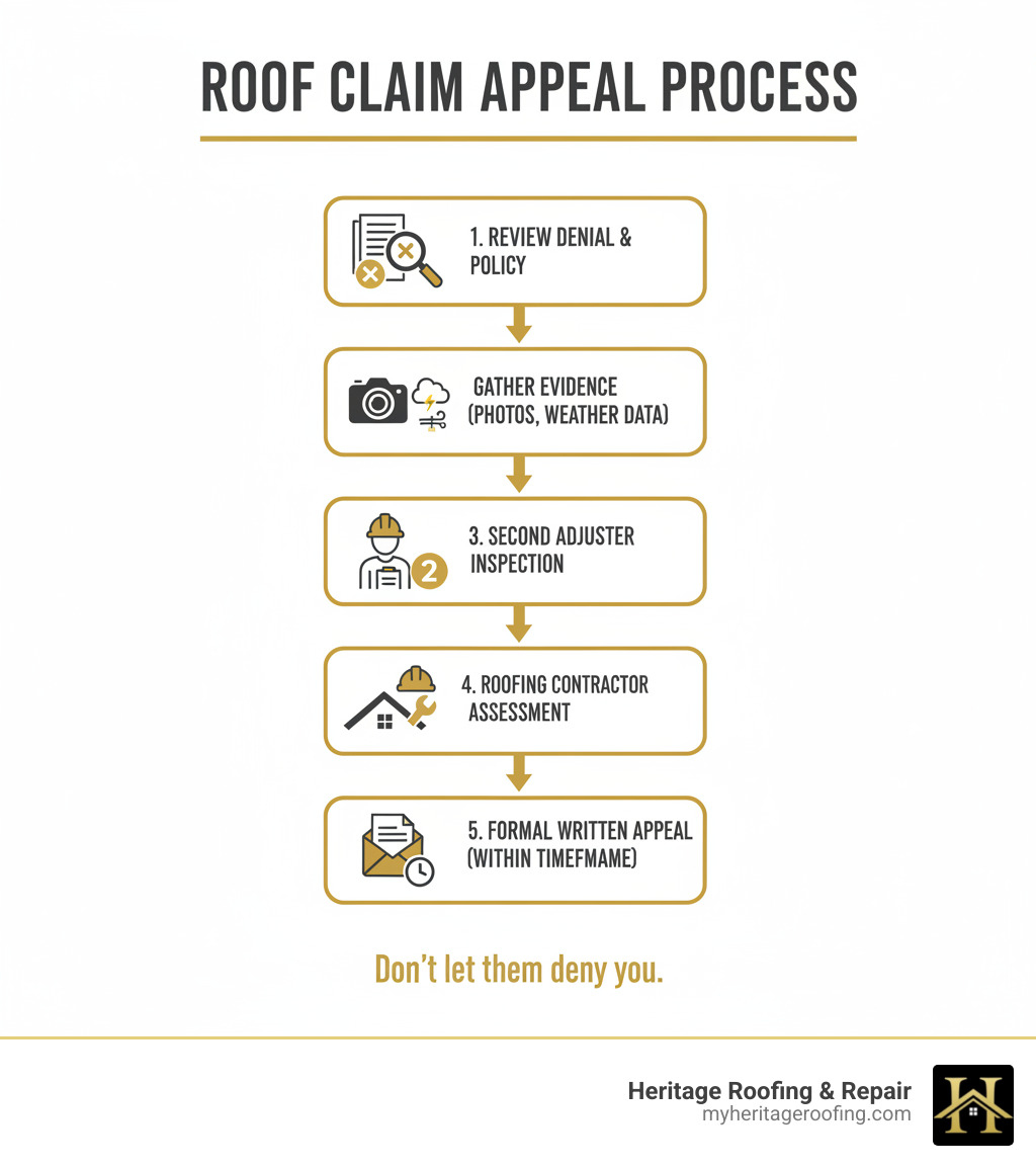Infographic showing the 5-step appeal process: 1) Review denial letter and policy documents, 2) Gather new evidence including photos and weather data, 3) Request second insurance adjuster inspection, 4) Obtain professional roofing contractor assessment, 5) File formal written appeal with all supporting documentation within policy timeframe - homeowners insurance denied roof claim infographic 