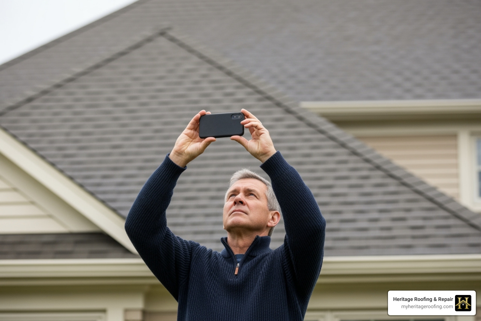 A homeowner is shown taking a photograph of their roof from the ground with a camera, demonstrating proactive documentation for insurance purposes. - homeowners insurance denied roof claim