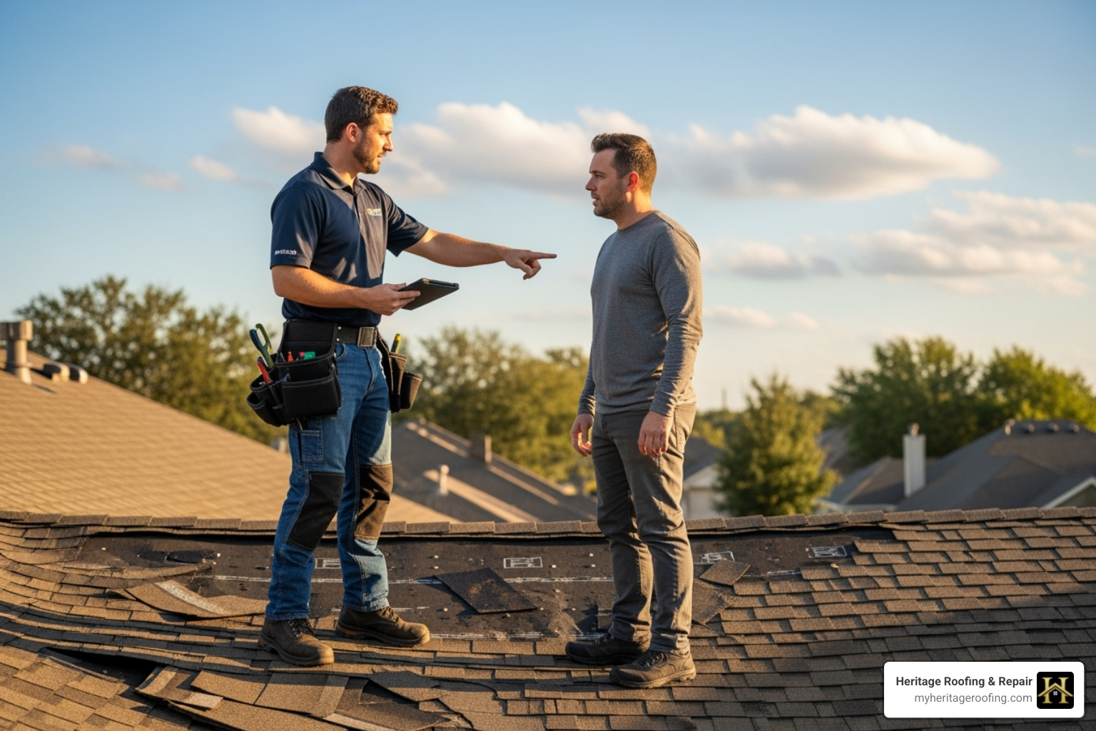 A roofing contractor and a homeowner stand on a roof, pointing to a damaged section while discussing the repair plan. - homeowners insurance denied roof claim