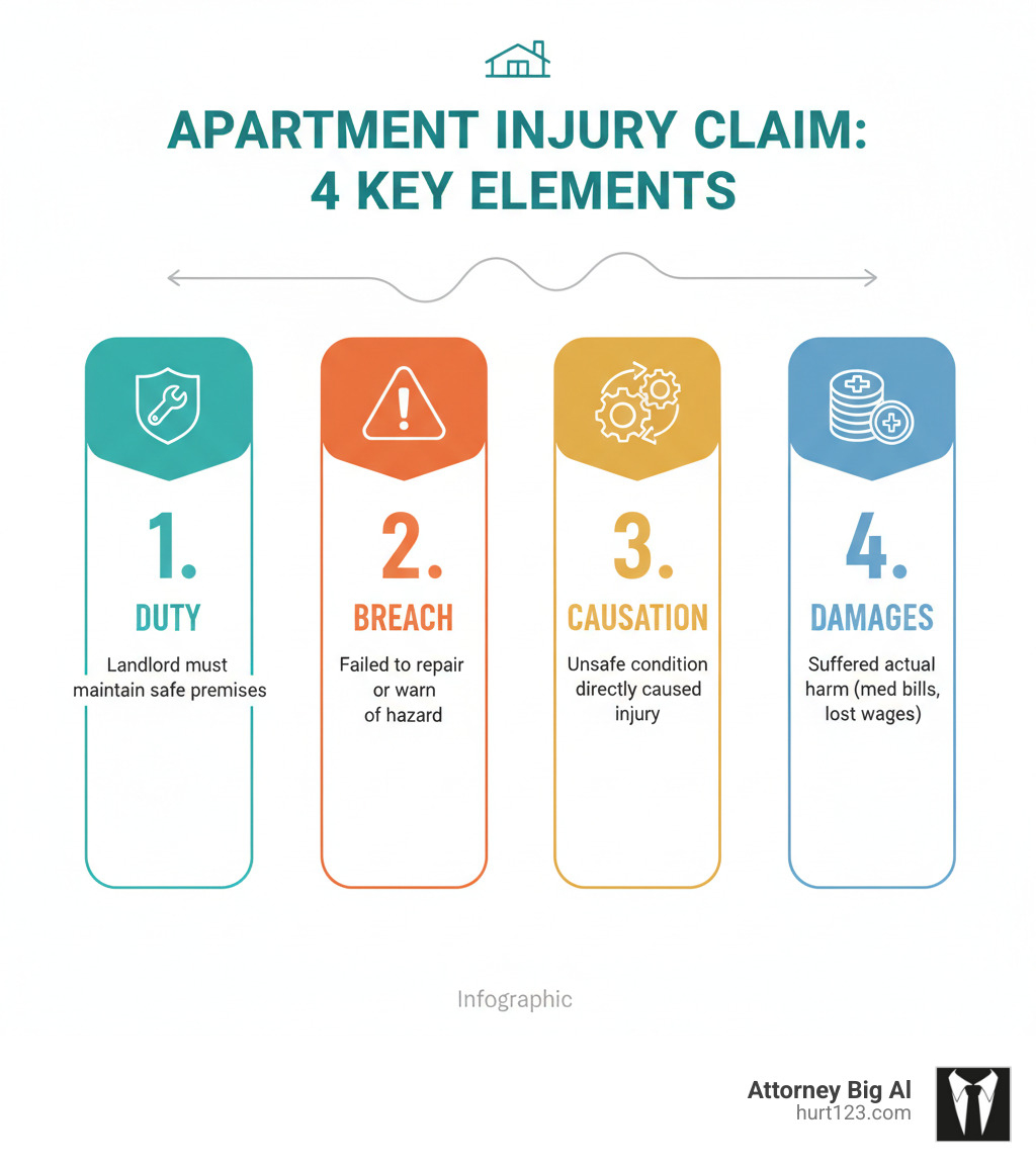 Infographic showing the 4 elements of a negligence claim in apartment injury cases: 1. Duty - Landlord must maintain safe premises, 2. Breach - Landlord failed to repair or warn of hazard, 3. Causation - The unsafe condition directly caused your injury, 4. Damages - You suffered actual harm like medical bills or lost wages - apartment complex injury infographic 