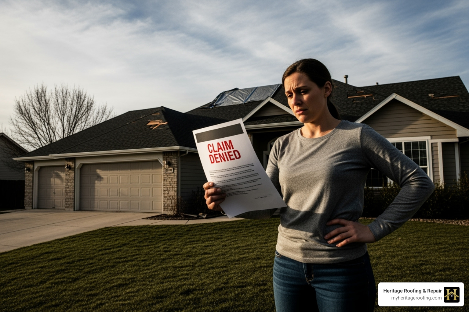 A damaged roof with sections highlighted to show different types of damage, such as hail marks, missing shingles from wind, and areas of general wear and tear or moss growth. - homeowners insurance denied roof claim