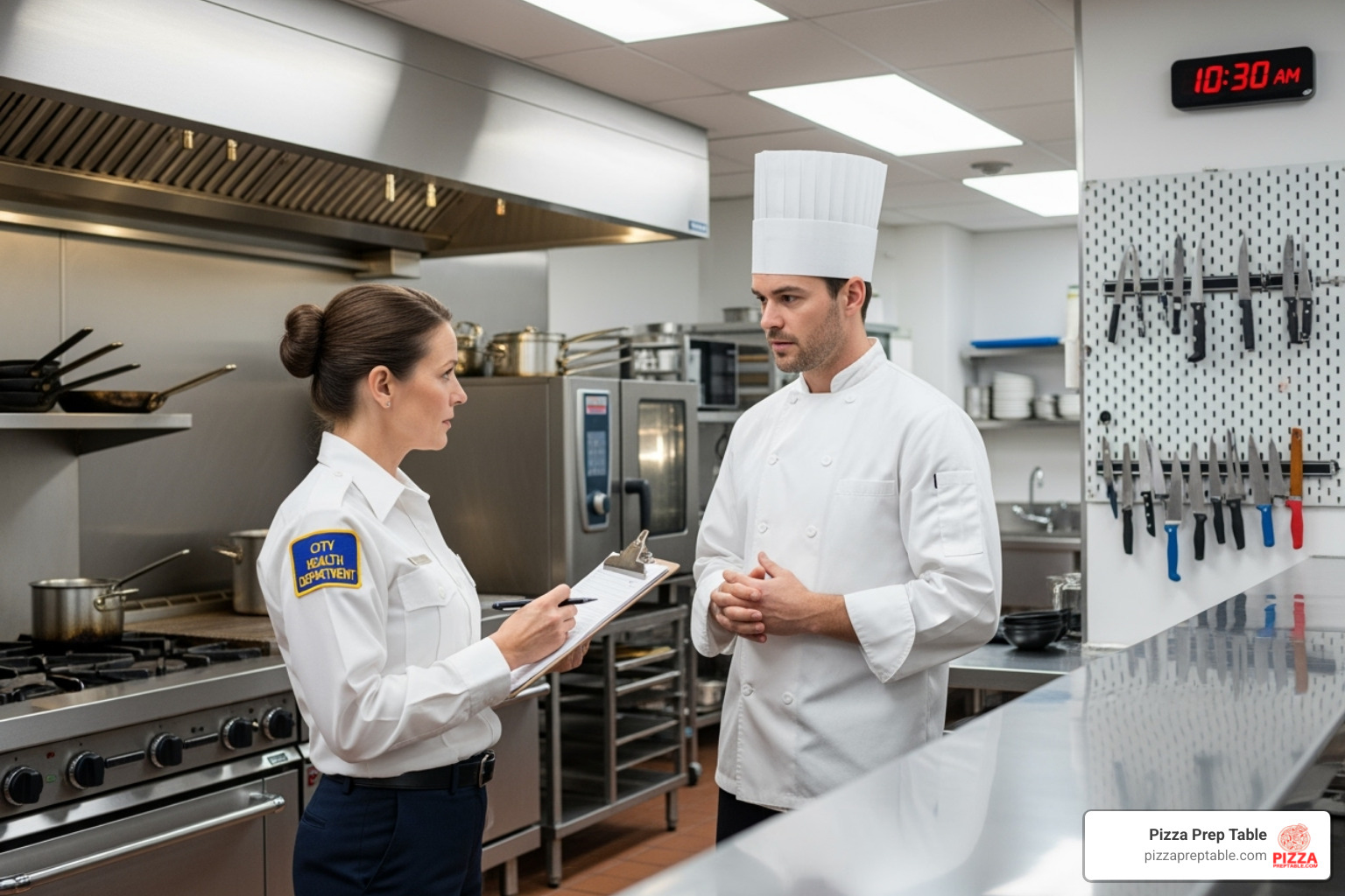 health inspector reviewing a kitchen checklist with a chef - commercial kitchen Boston