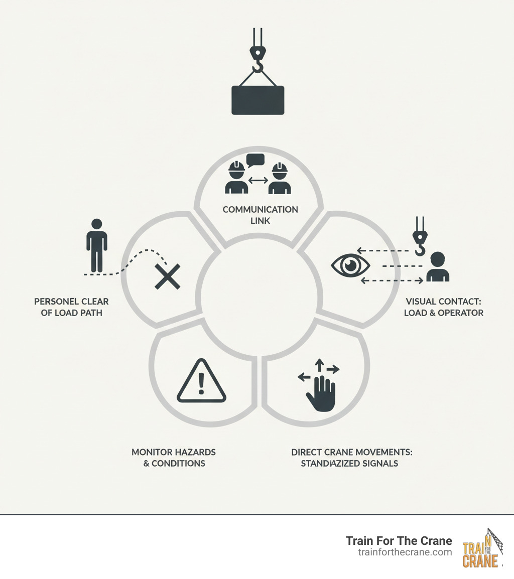 Infographic showing the signal person's key responsibilities: serving as the communication link between crane operator and ground crew, maintaining visual contact with both load and operator, directing crane movements using standardized signals, monitoring for hazards and changing conditions, and ensuring all personnel stay clear of the load path - signal person training infographic 