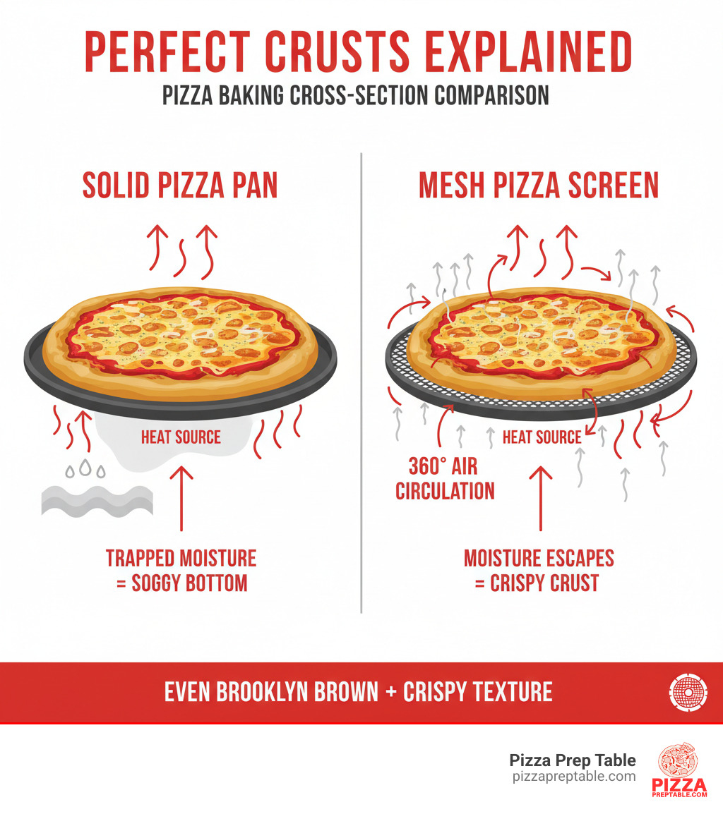 Infographic showing cross-section comparison of pizza baking on a solid pan versus a mesh pizza screen, illustrating how the screen's perforations create 360-degree air circulation around the dough, with arrows indicating heat flow from below and moisture vapor escaping upward through the holes, resulting in even browning and a crispy crust texture - stainless steel pizza screen infographic 