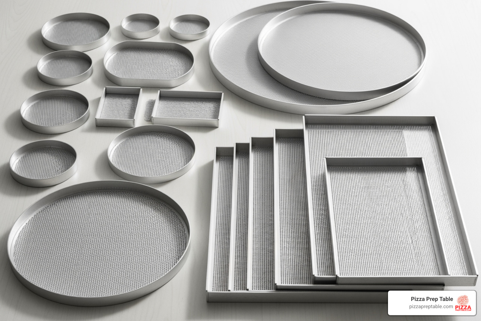 various sizes and shapes of pizza screens, including round and rectangular - stainless steel pizza screen