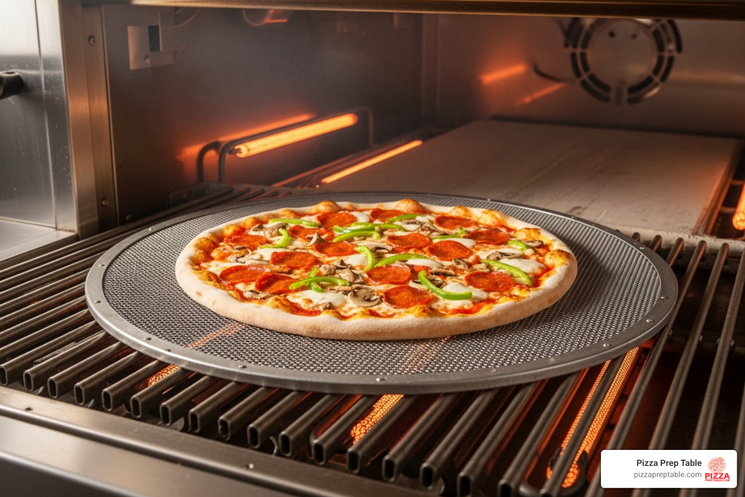 pizza screen being used in a conveyor oven - stainless steel pizza screen